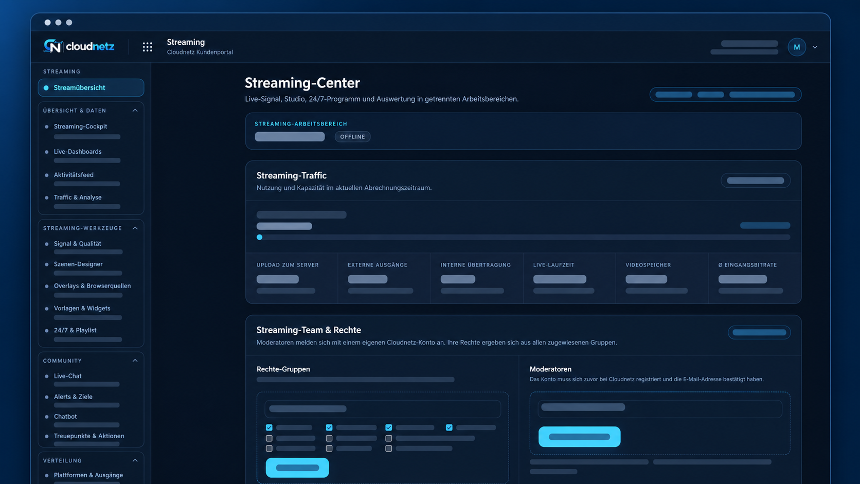 Anonymisierte Ansicht der Streaming-Werkzeuge im Kundenbereich